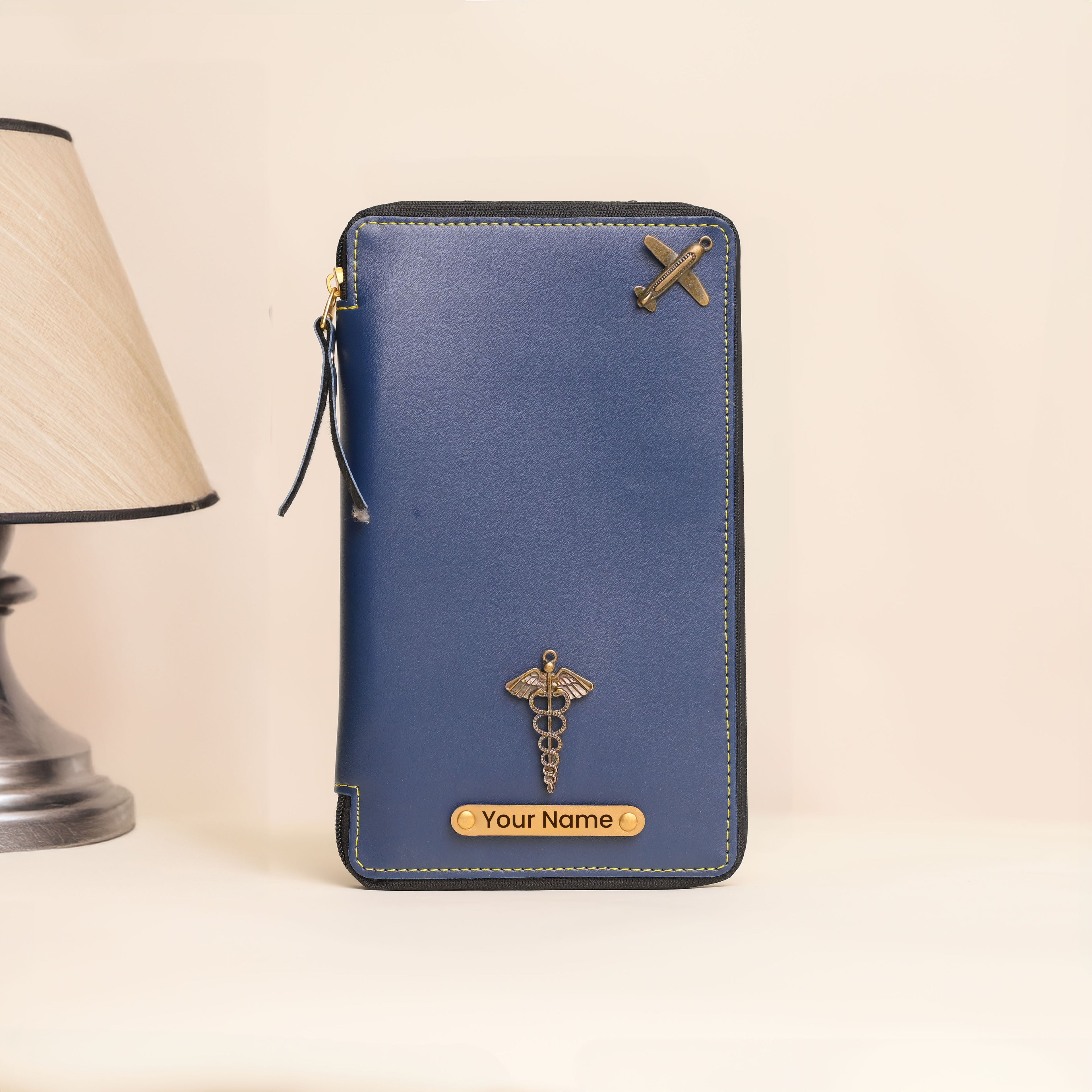 Personalized Blue Leather Zippered Travel Passport Folder