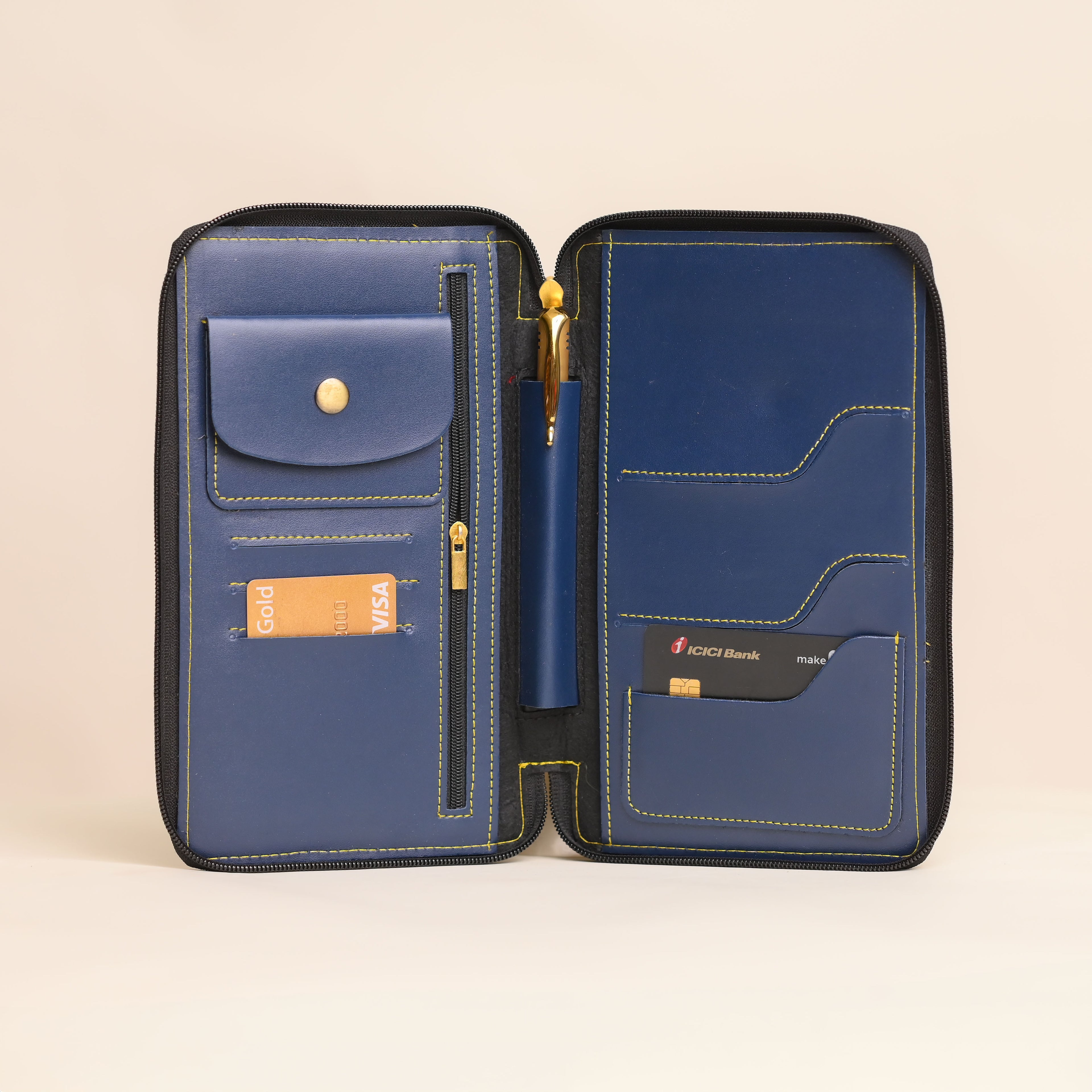 Personalized Blue Leather Zippered Travel Passport Folder