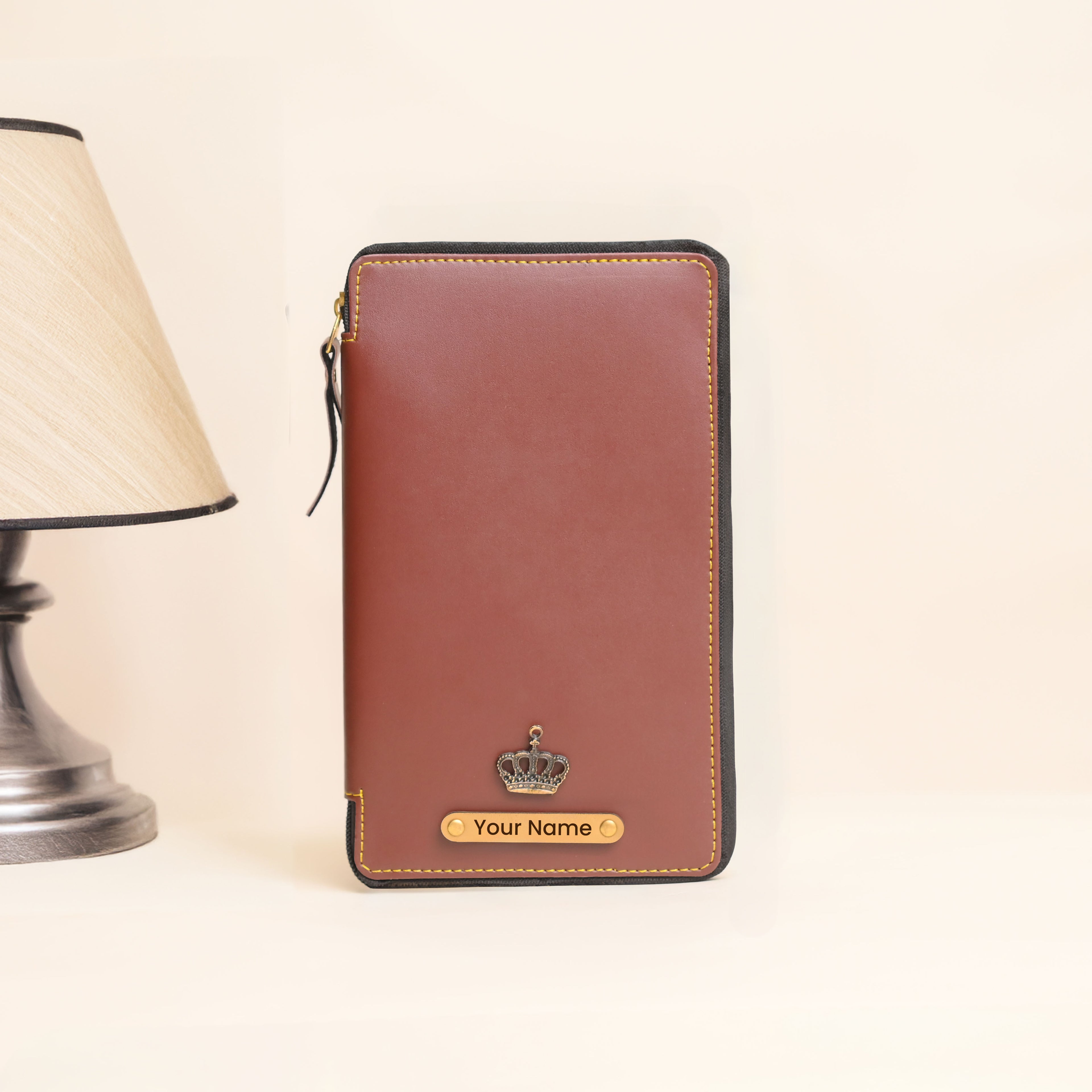 Personalized Brown Leather Zippered Travel Passport Folder