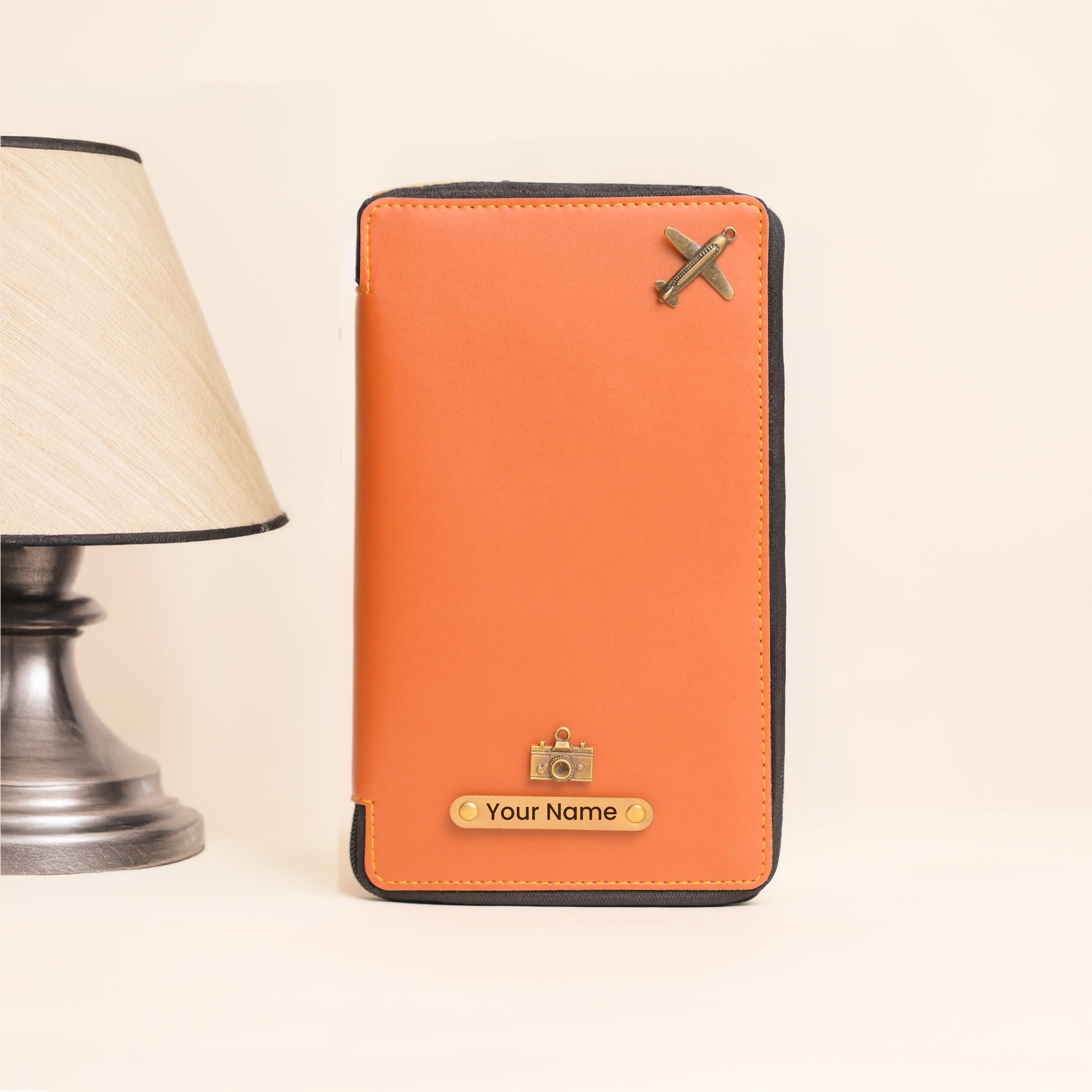 Personalized Tan Leather Zippered Travel Passport Folder