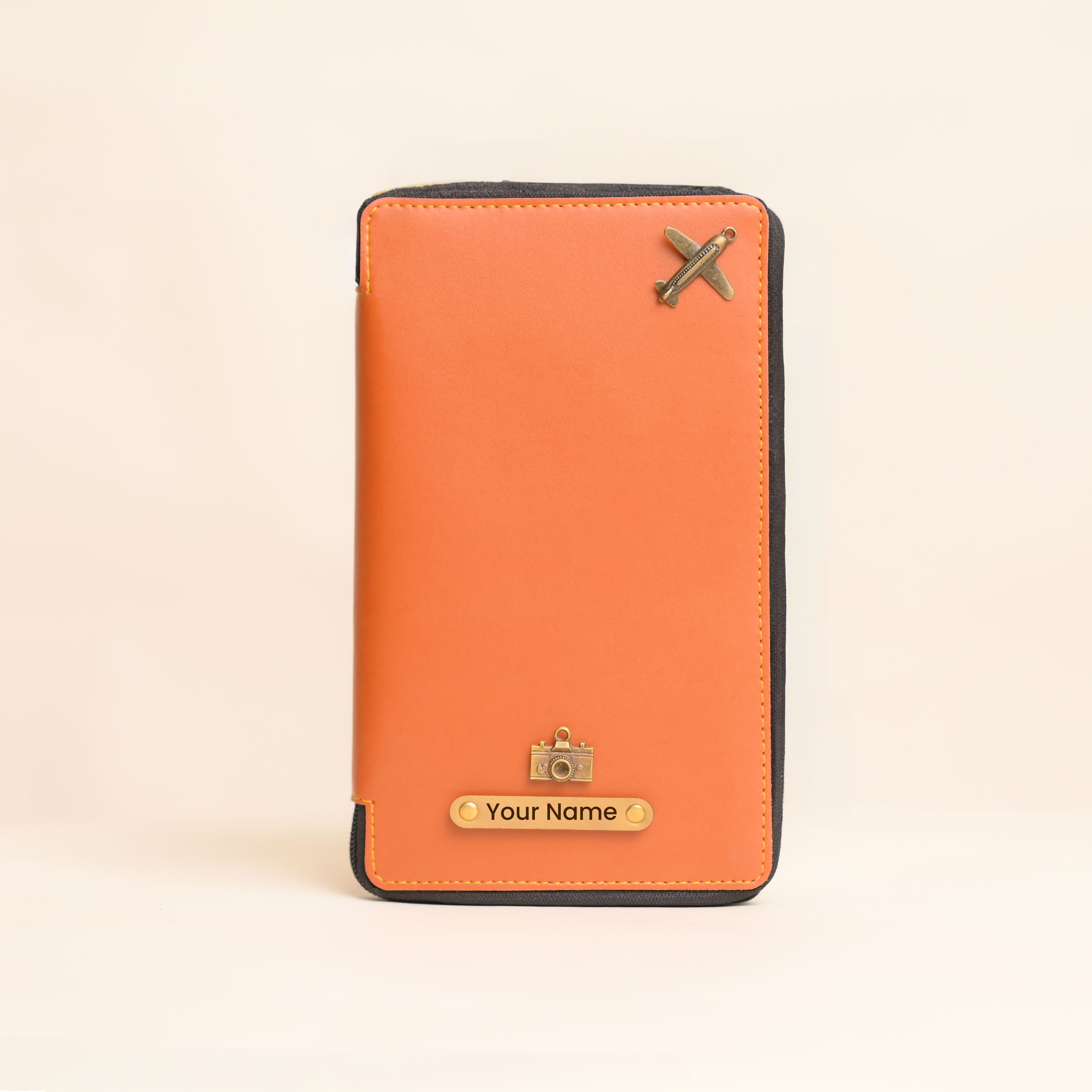 Personalized Tan Leather Zippered Travel Passport Folder